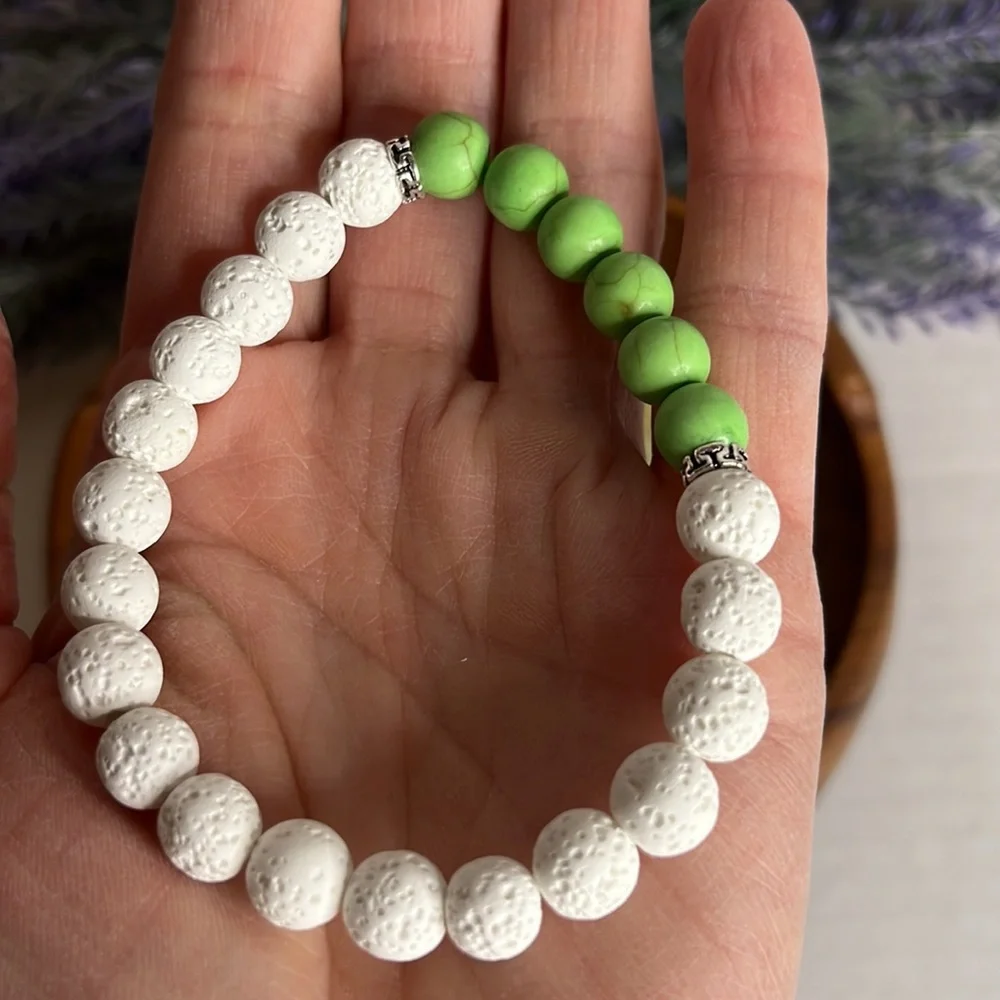 NEW Chakra Green King Stones Essential Oil Diffuser Bracelet White